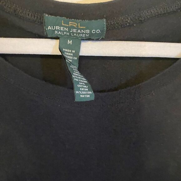 LRL Lauren Jeans Co. Ralph Lauren Scoop Neck Floral Lace Sleeve Blouse Black M - Picture 5 of 6